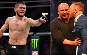 Khabib Nurmagomedov (© Stephen R. Sylvanie-USA TODAY Sports) Dana White Conor McGregor (© Steve Flynn-USA TODAY Sports)